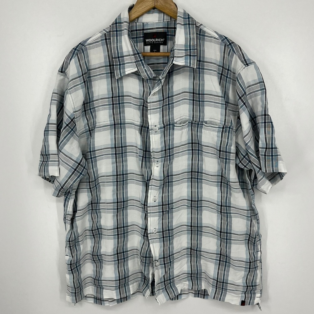 Woolrich Elite Series Mens Large Blue White Plaid Modal Blend Button Down Shirt